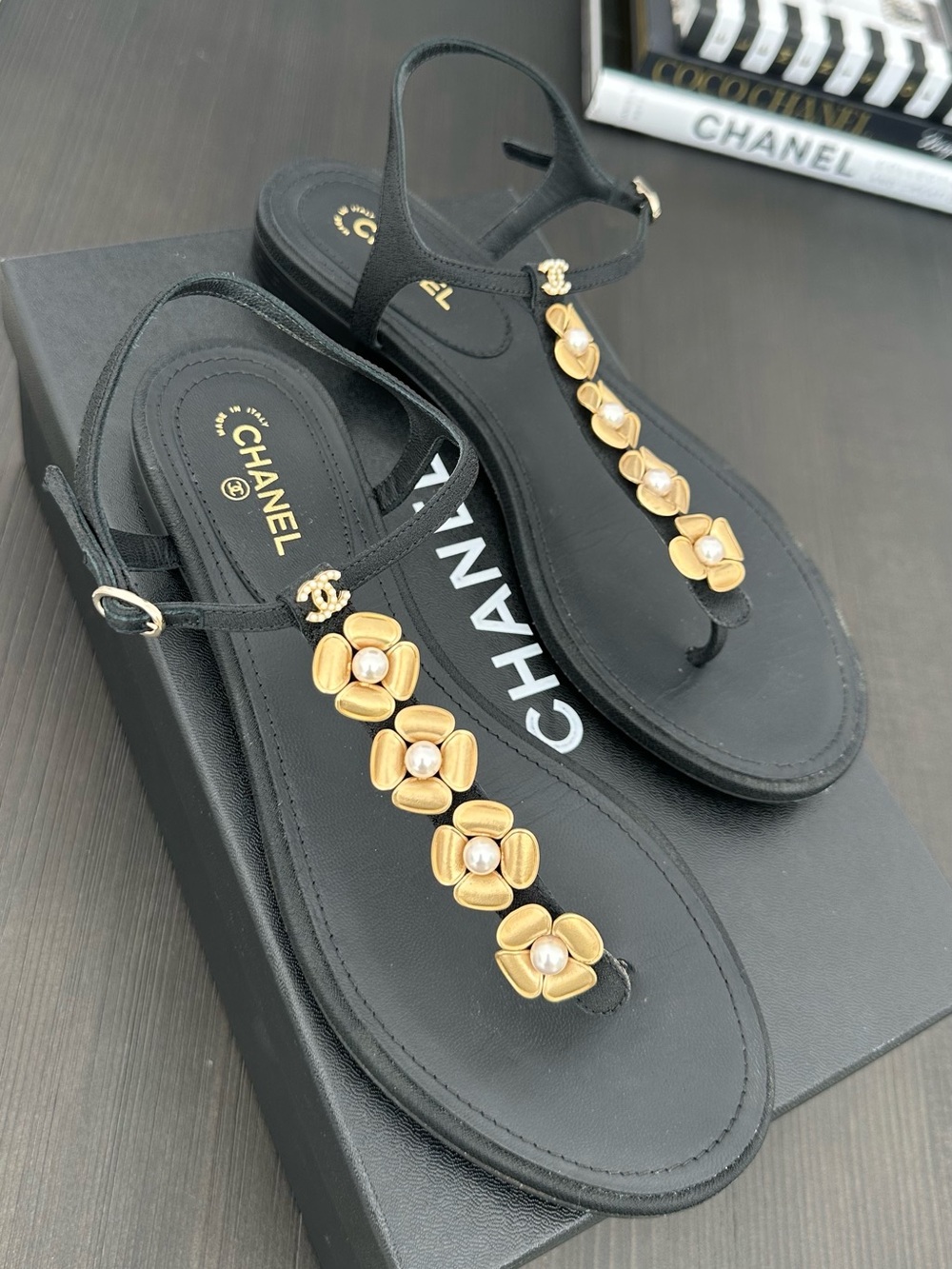 CHANEL Black Leather T-Strap Sandals with Gold/Pearl Flowers, Authentic